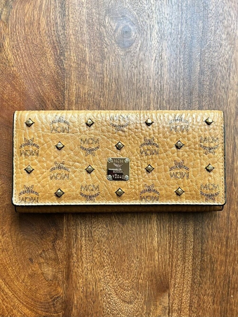 MCM Visetos Studded Long Wallet, Cognac